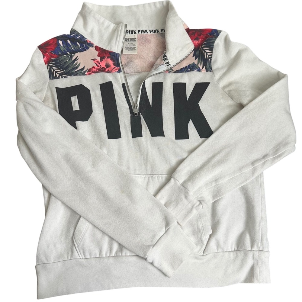 PINK Victoria's Secret Sweatshirt Women M White Tropical Floral Quarter Zip Logo